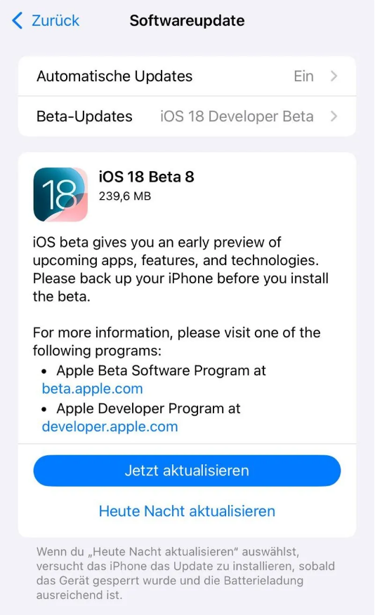 龙门镇苹果手机维修分享苹果 iOS / iPadOS 18 开发者预览版 Beta 8 发布 