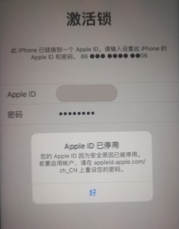 龙门镇苹果手机维修分享iPhone 12 出现提示“Apple ID 已停用”怎么办 